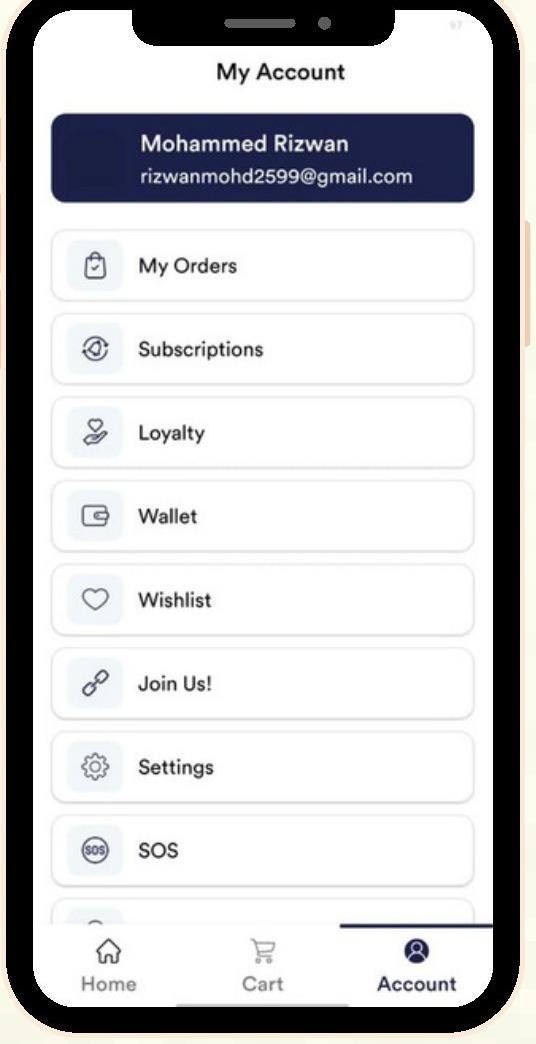 My Account screen with orders, subscriptions, wallet