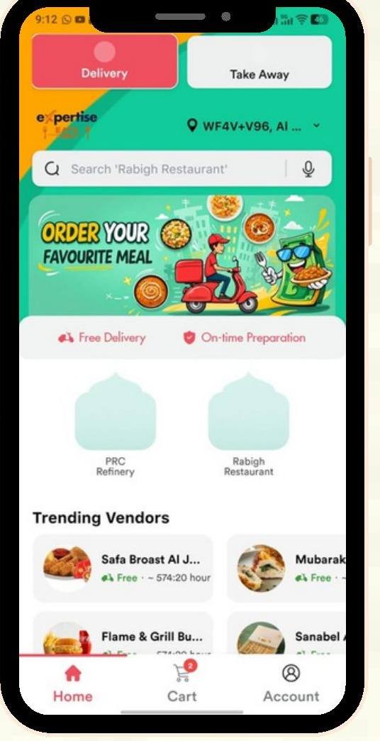 Food delivery app home screen with vendors