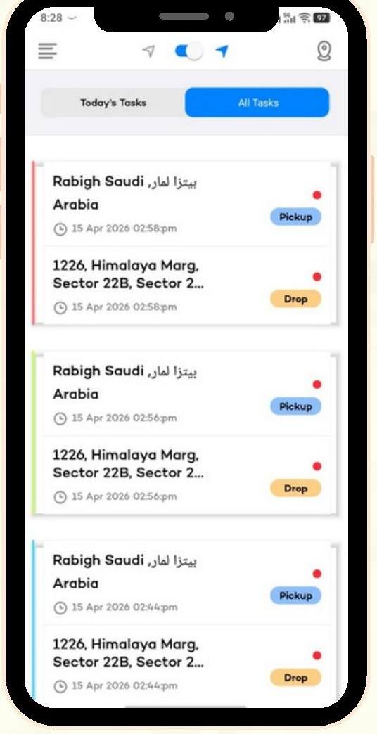 Rider task list with pickup and drop details