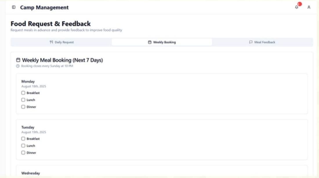 Weekly meal booking calendar